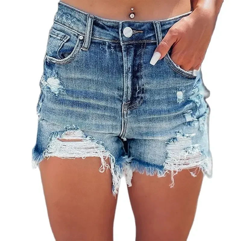 

Fashion Broken Holes Tassel Trouser Legs Denim Shorts Women High Waist Three Quarter Pants Female Mini Jeans Casual Streetwear 4