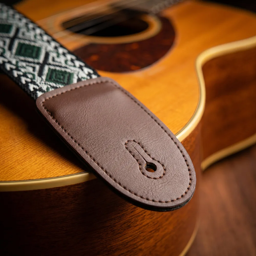 Guitar Strap Diamond Embroidered Thickened Widened Brown Leather Ends Shoulder Sling for Acoustic Electric Folk Bass Guitars - view 5