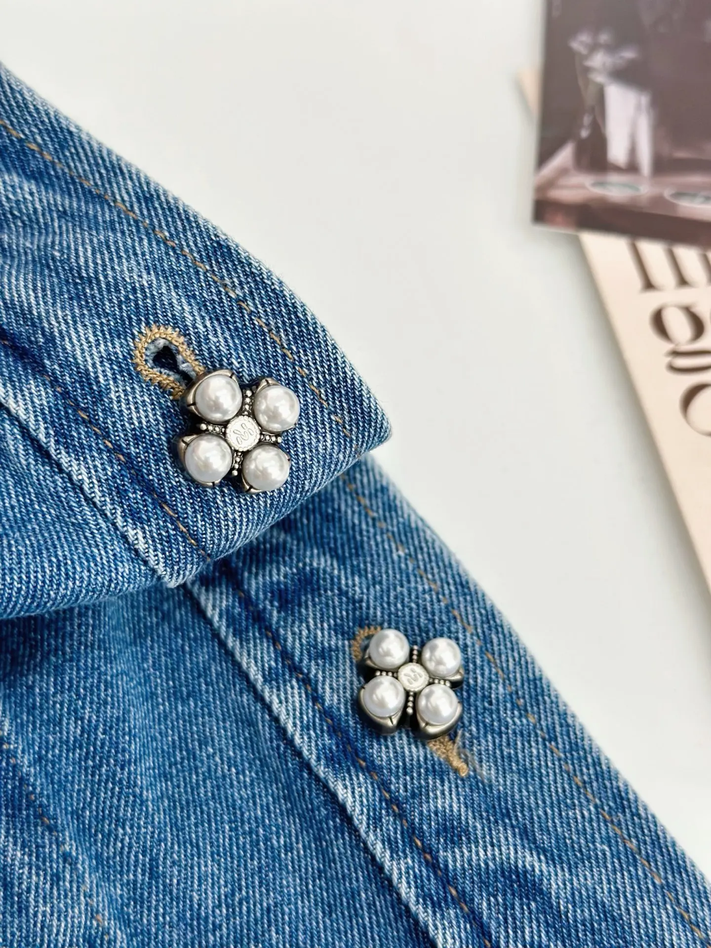 

Casual Loose Pearl Flower Buttoned ort Denim Jaet Women's Commute Sle Cotton Collar Coat Slimming Effect Summer New