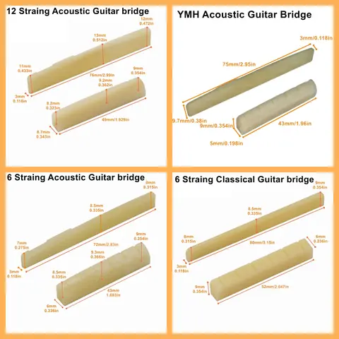Miwayer 1 जोड़ा 6-12 स्ट्रिंग वाला ध्वनिक शास्त्रीय गिटार, बिना ब्लीच किया हुआ हड्डी का ब्रिज, कई सैडल और नट, असली हड्डी से बना 8 best sales गिटार नट - №8