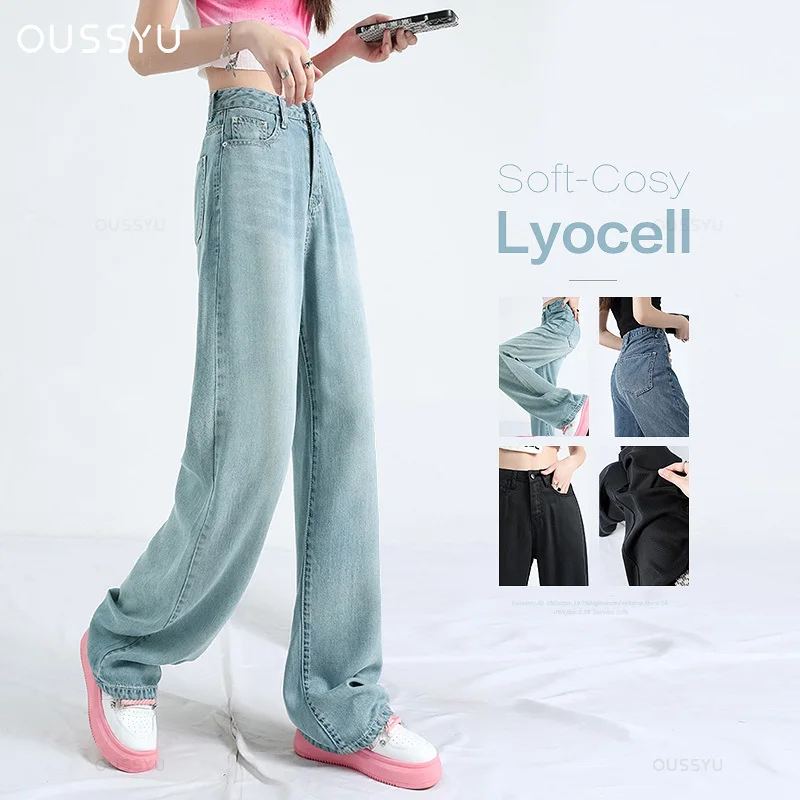 

OUSSYU Summer Soft Lyocell Fabric Woman Jeans Thin Loose Straight High Waisted Pant Fashion Comfort Retro Blue Casual Trousers