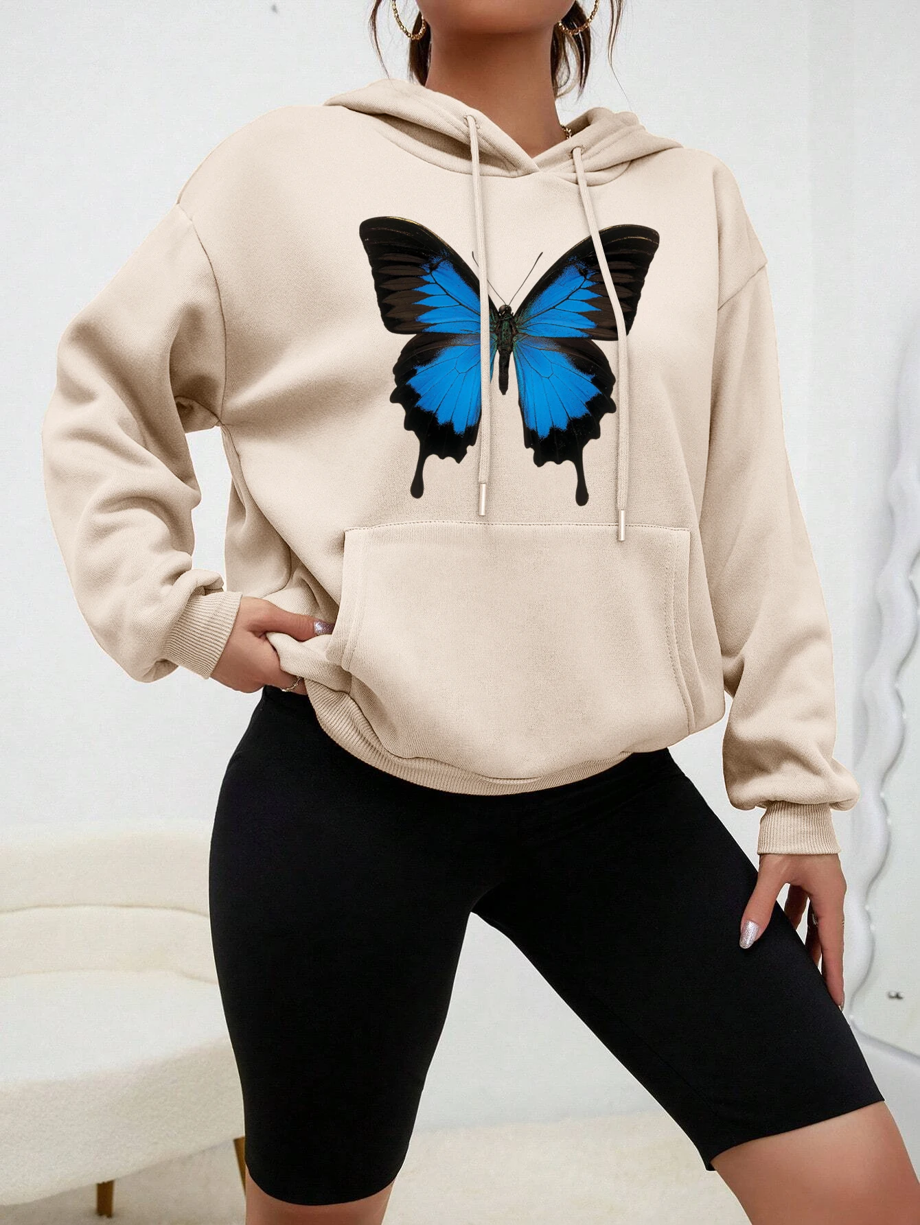 Blue Butterfly Art Prints Hoody Women Cartoons Casual Clothes Fashion Comfortable Pullover Street Style Fleece Female Hoodies