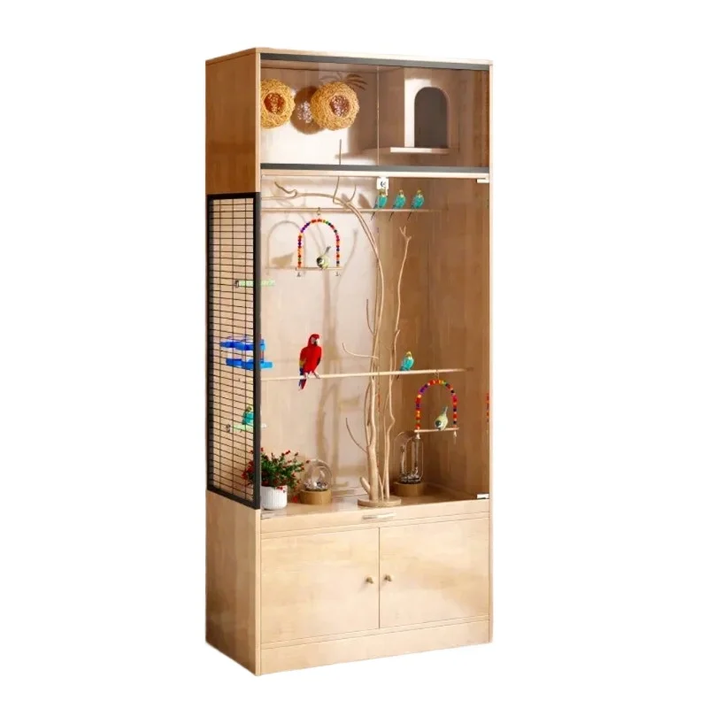 Luxury eco-friendly wooden bird breeding cage with foldable front door and tempered glass storage cabinet