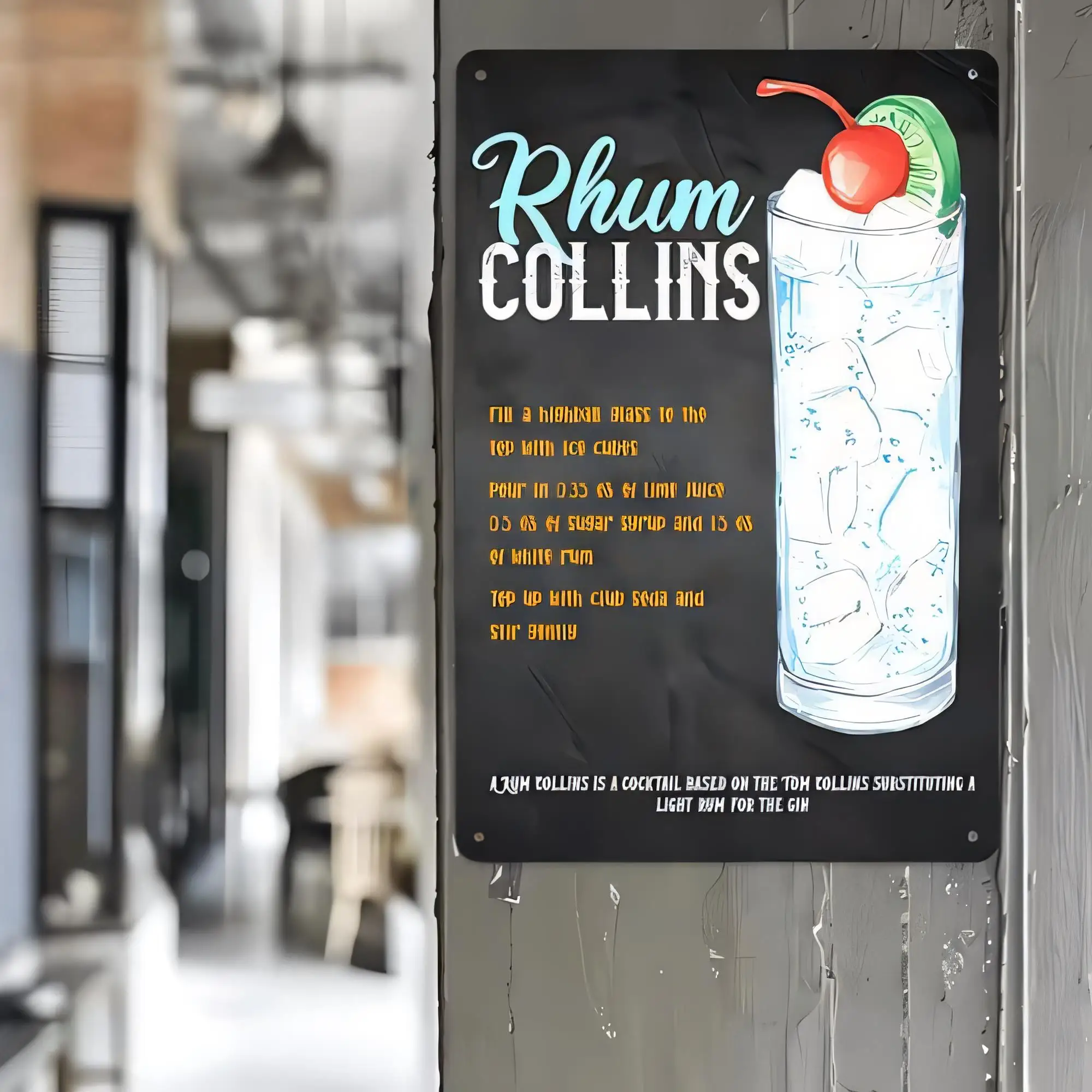 Tin Sign Rhums Collins Vintage Bar Poster Humor Cocktail Wall Plaque Art for Pub Man Cave Garage Kitchen Decor   Retro Metal Sig