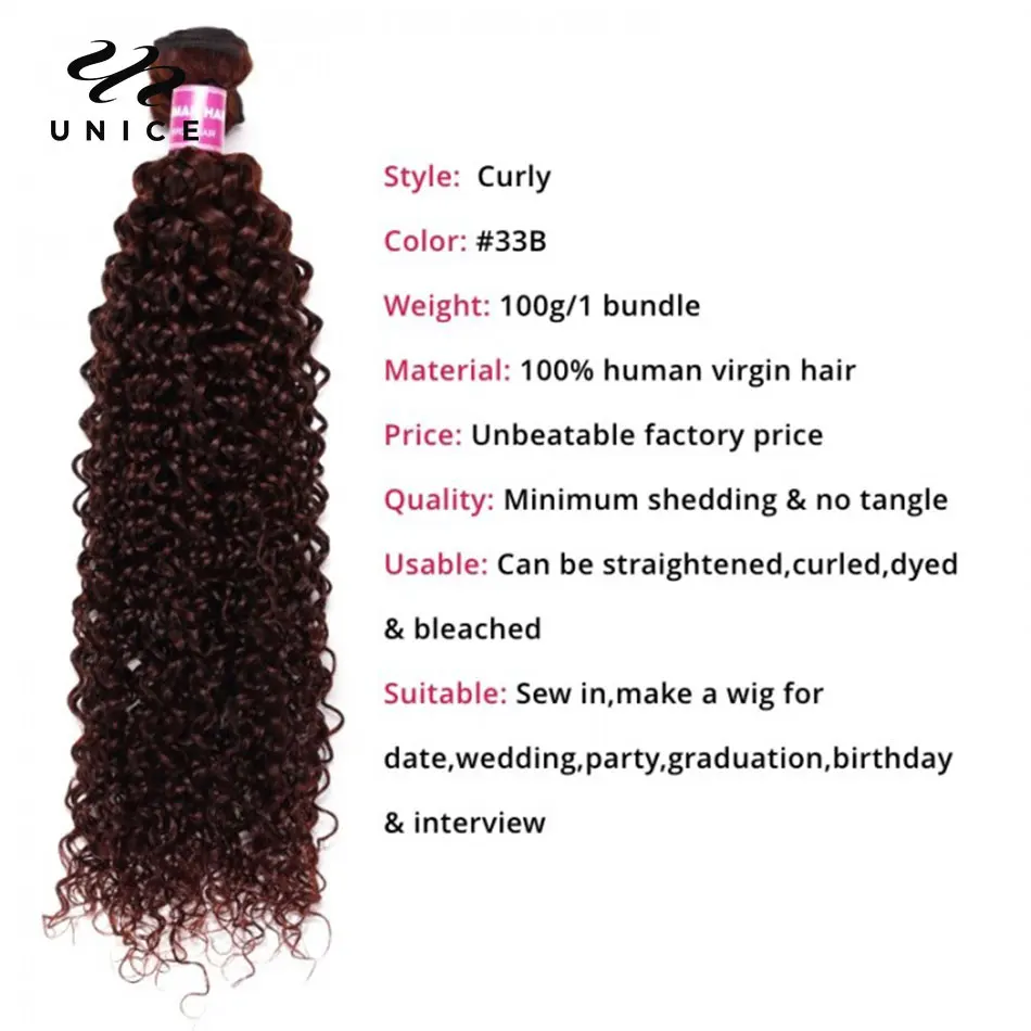 UNICE Hair Reddish Brown Curly Human Hair Bundles 3PCS 100% Human Hair Colored Hair Bundles Sew In Quick Weaves Extensions