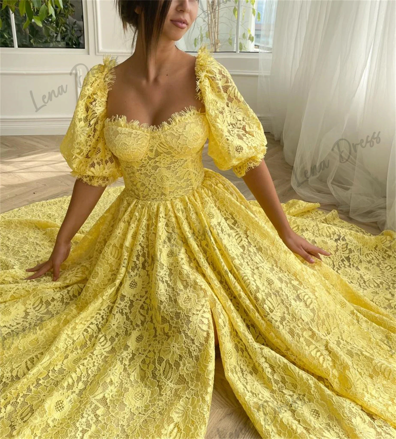 Lena Square Collar Women\'s Elegant Dresses for Parties 2024 Line A Evening Gown Lace Graduation Dresses Woman Yellow Ball Gowns