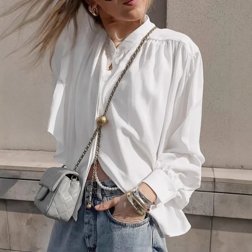 

White Stand Collar Blouse Women's Oversized Shirt Dress Long Tunic Style Elegant Office Wear Loose Fit Fall 2025