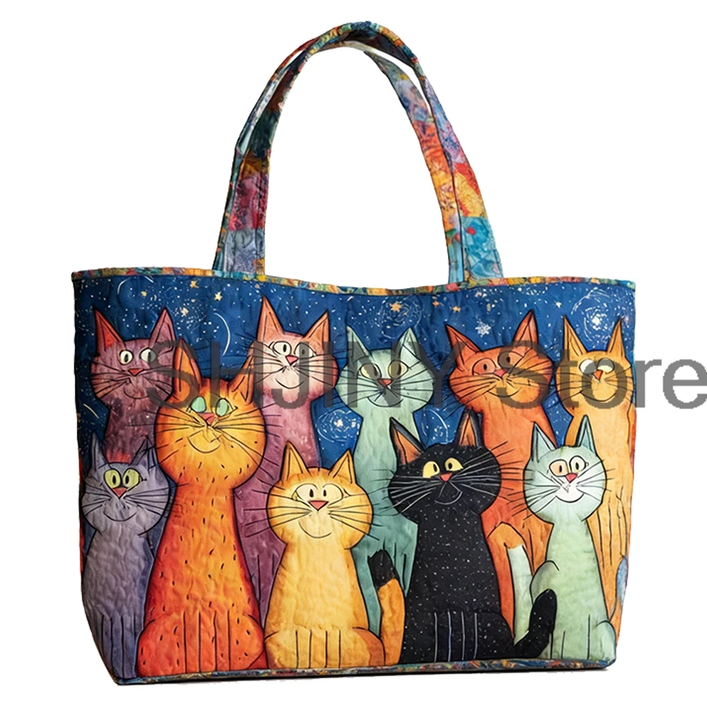 

Whimsical Cat Print Quilted Tote Women Daily Shoulder Bag Animal Patchwork Handbag For Shopping 2026 New Bags