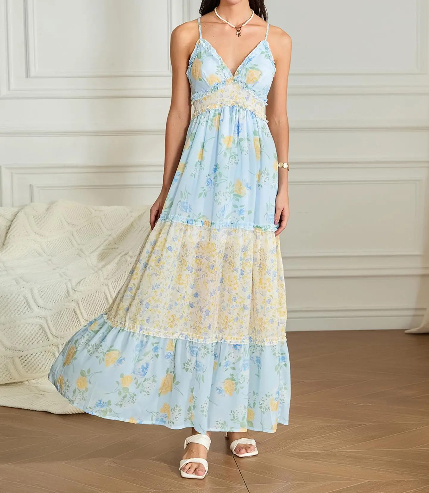 

New Fashion Womens Print Sleeveless V-Neck Midi Dress Backless Double Layer Summer Casual Holiday Party Long Dresses Blue S-XL