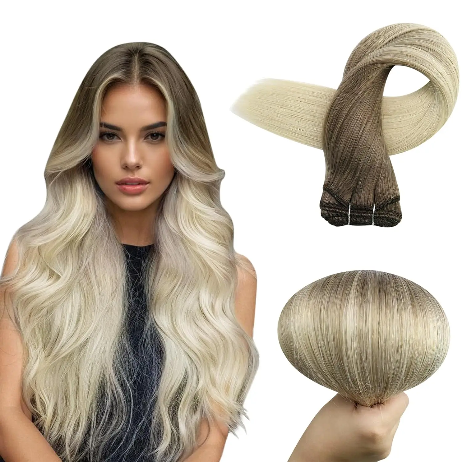 Volledige Glans Menselijk Haar Inslag Extensions Haarbundels Ombre Blonde Kleur 100g Naaien Zijdeachtige Rechte Remy Huid Dubbele inslag Voor Salon