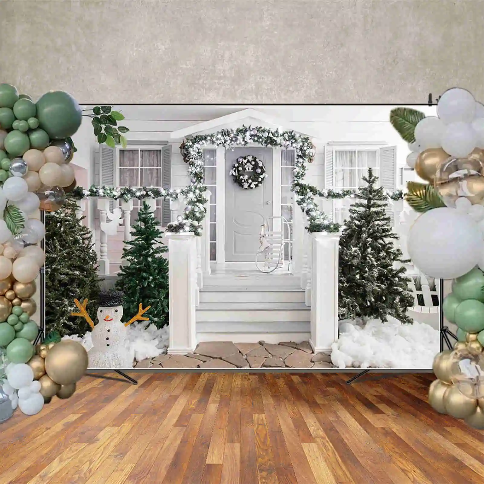 MOON.QG Christmas Backdrop Photography Door Wreach Xmas Trees Photozone Background Child Studio Photobooth Accessories