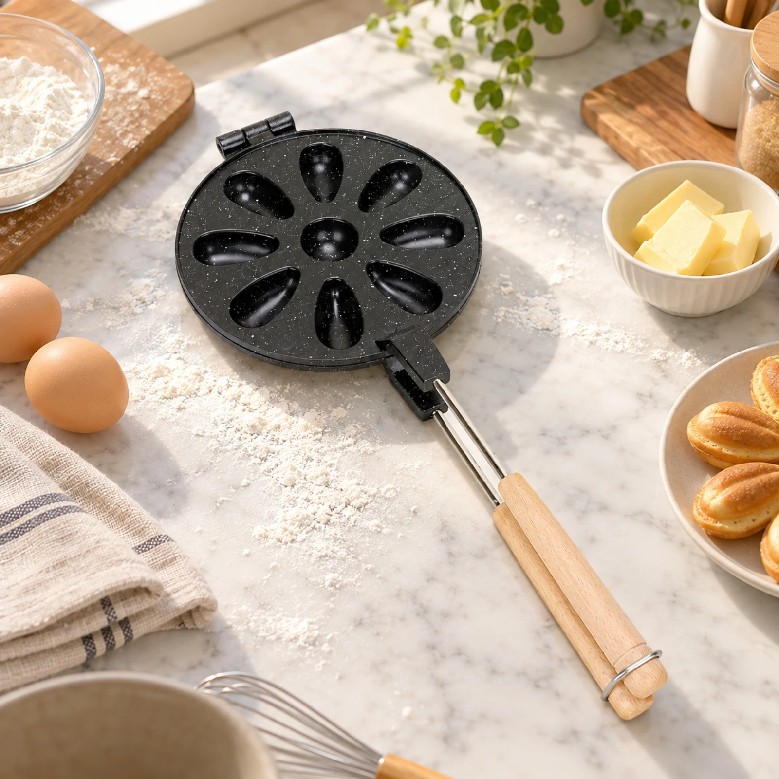 Petal-Cavity Stovetop Baking Mold Hinged 9-Cavity Flower-Shaped Baking Pan for Home Bakers