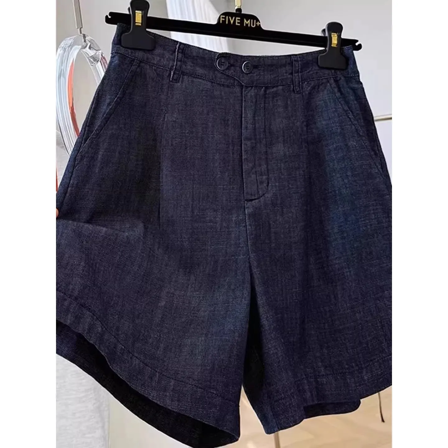 High Waist Wide Leg Thin Blue Jeans Shorts Men's Summer Casual Straight Cut Polyester Fiber Short Pants Deep Blue Short Shorts