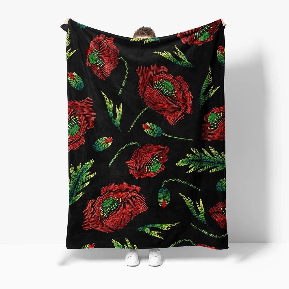 Red Poppy Floral Embroidered Fleece Blanket Soft Cozy Throw Blanket for Women Gift Valentine's Day Decor