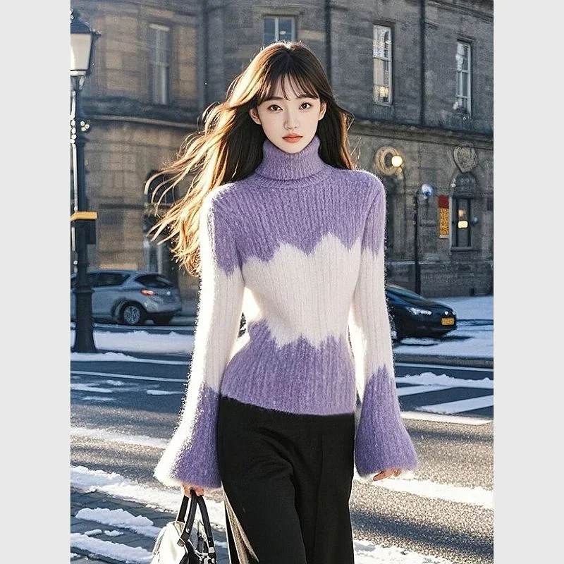 

Женский пуловер контрастного фиолетового цвета в стиле пэчворк, водолазка с рукавами-колокольчиками, нижняя рубашка, топ