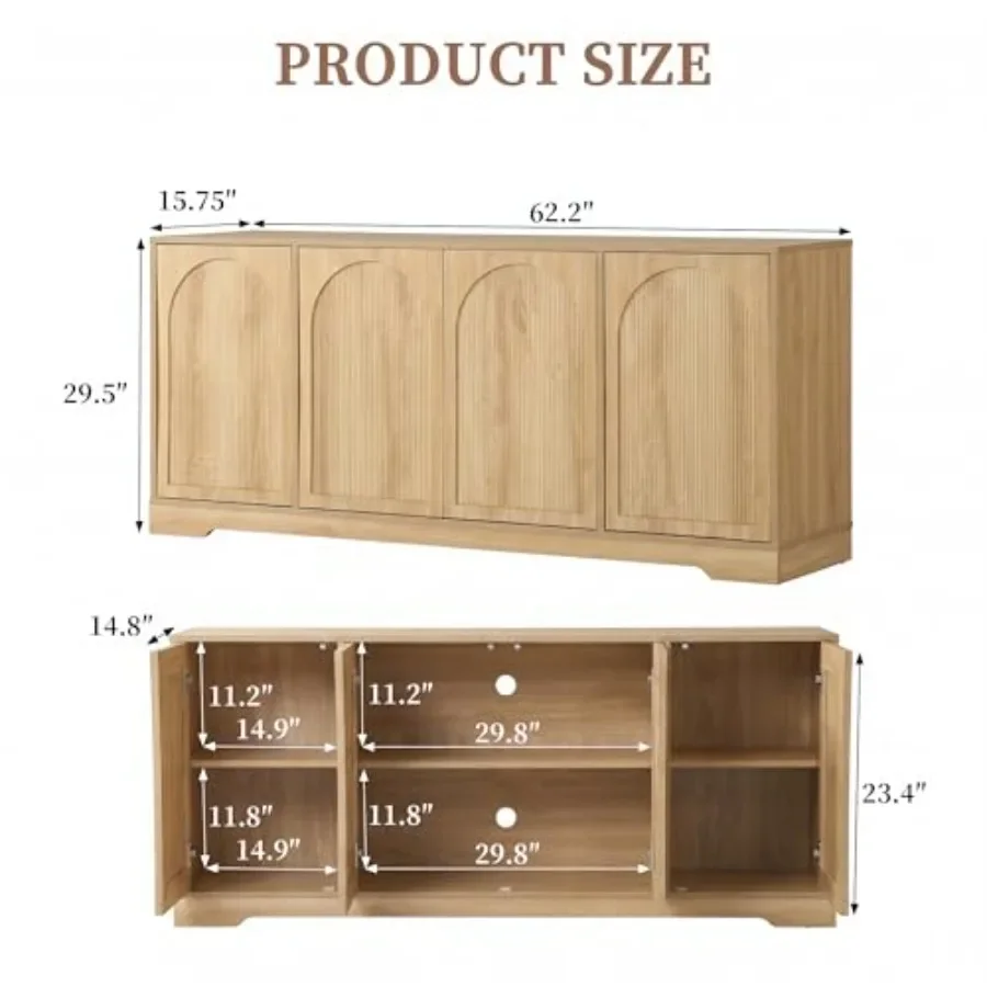 TV stand for TVs up to 70 inch, 62.2 inch width, fluted arched door design, engineered wood, matte black, adjustable shelves an