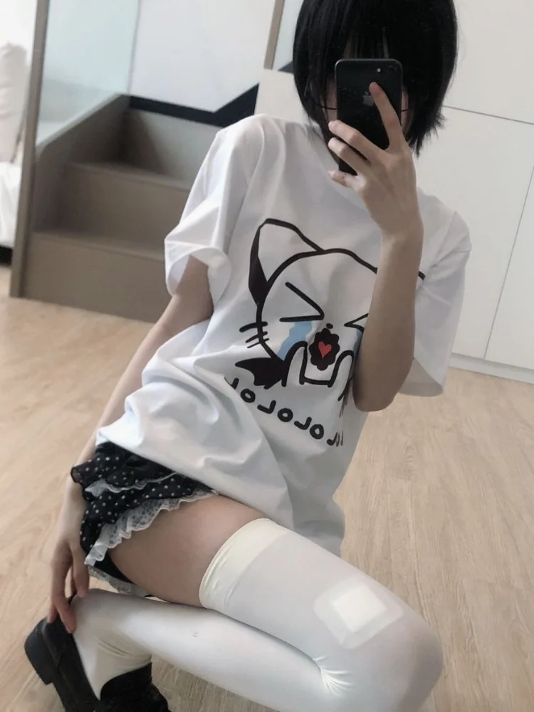 ADAgirl Kawaii Cat Print T-shirts for Women Anime Kitty Graphic Short Sleeve Tight Tees White Tops Japanese Y2k Cutecore Clothes