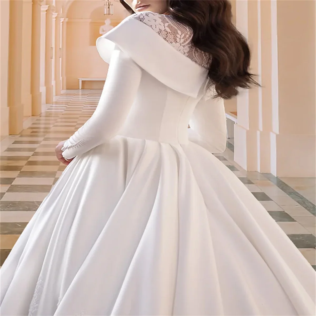 A-Line Wedding Dresses Formal Long Sleeve Jewel Neck Satin With Lace Pleats Extravagance Bridal Gowns Engagement 2024 Court New