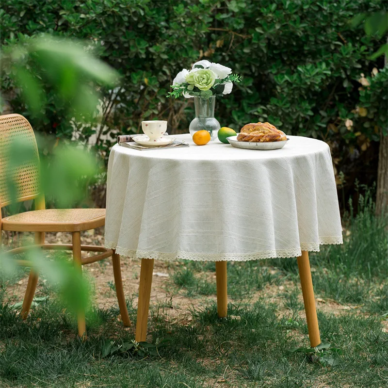 

Table Cloth Round Linen Stripe with Lace Farmhouse Table Cover Circular Modern Style Rustic for Coffee Tablecloth Home Decor