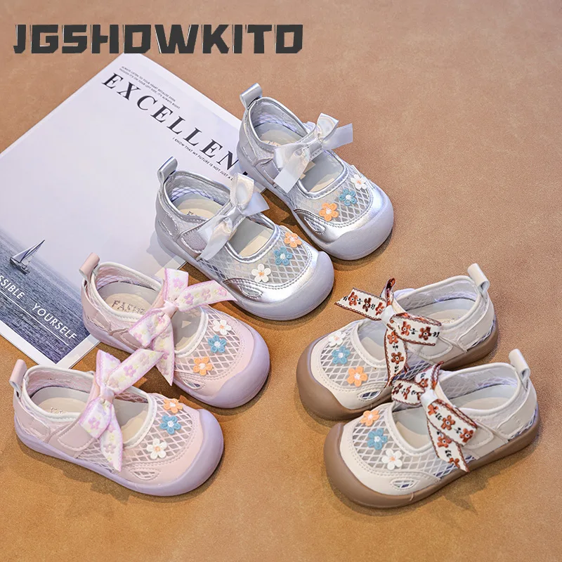 JGSHOWKITO Children Embroidered Sports Shoes Summer Sweet Bow Girls Lolita School Sneakers Mesh Breathable Kids Running Sandals