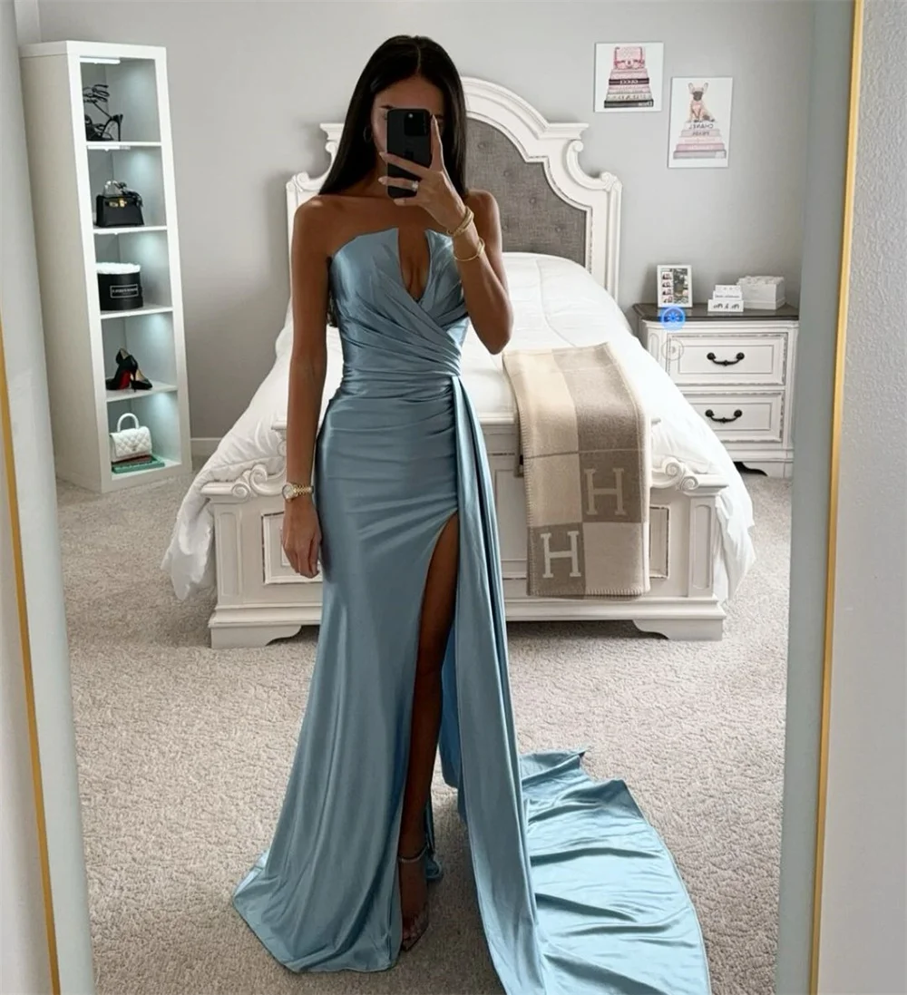 Amanda Ice Lake Blue Satin vestidos de noche V-Neck Mermaid Prom Dresses Elegant Sleeveless Side High Split Formal Evening 2024