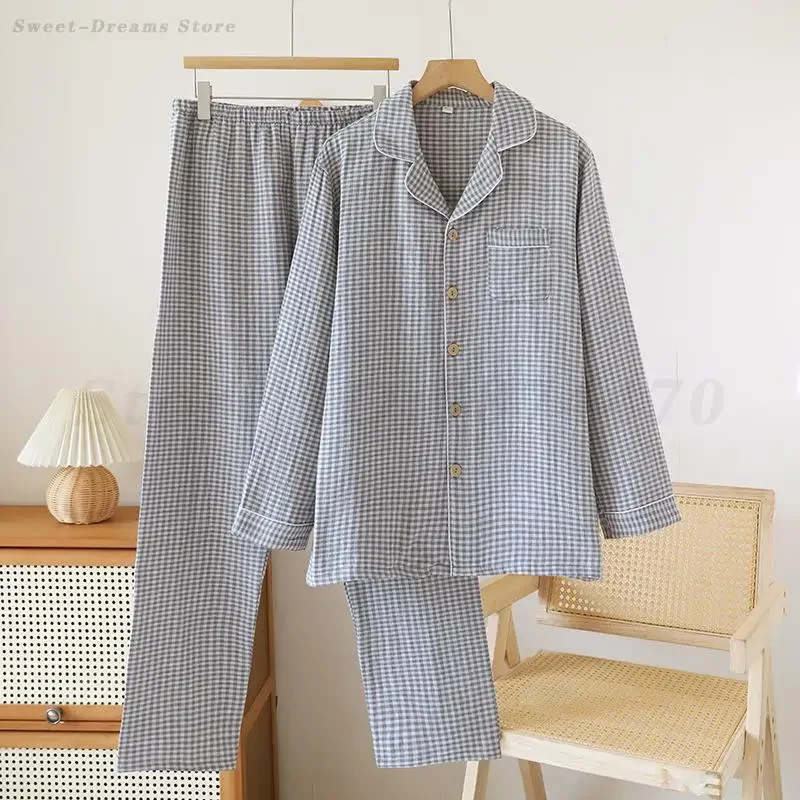 

Men's Cotton Print Plaid Pajamas Set Autumn New Sleepwear Long Sleeve Trouser Suits Loungewear Loose Casual Nightwear Home Wear