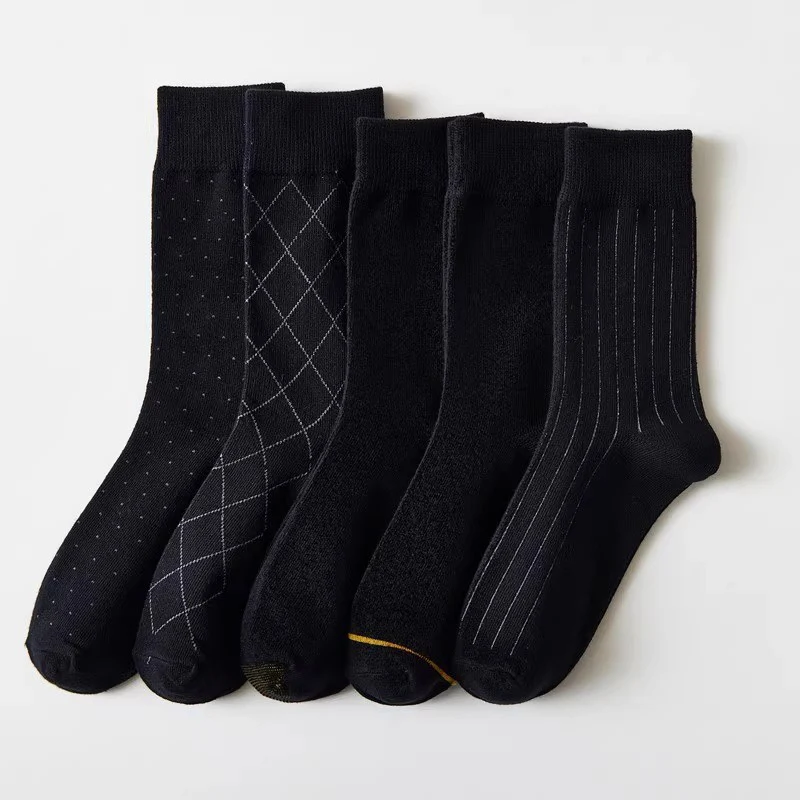 5 Pairs Men Middle Tube Socks Spring Autumn Comfortable Cotton Men's Socks Business Casual Suit Leather Shoes Socks Black Socks