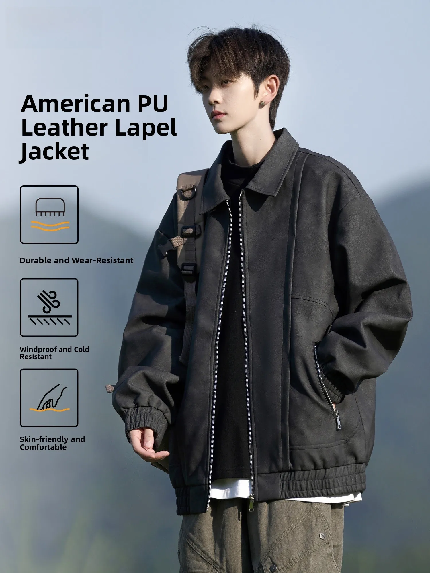 

Warrior Men's Casual PU Leather Jaet Spring Autumn 2025 New Sle Retro American Loose Cool Leisure Outerwear