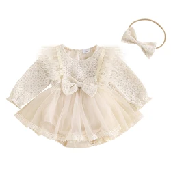 Infant Baby Girl Princess Romper Dress Feathers Trim Long Sleeve Lace Flower Crochet Tulle Romper Dress with Headband Set