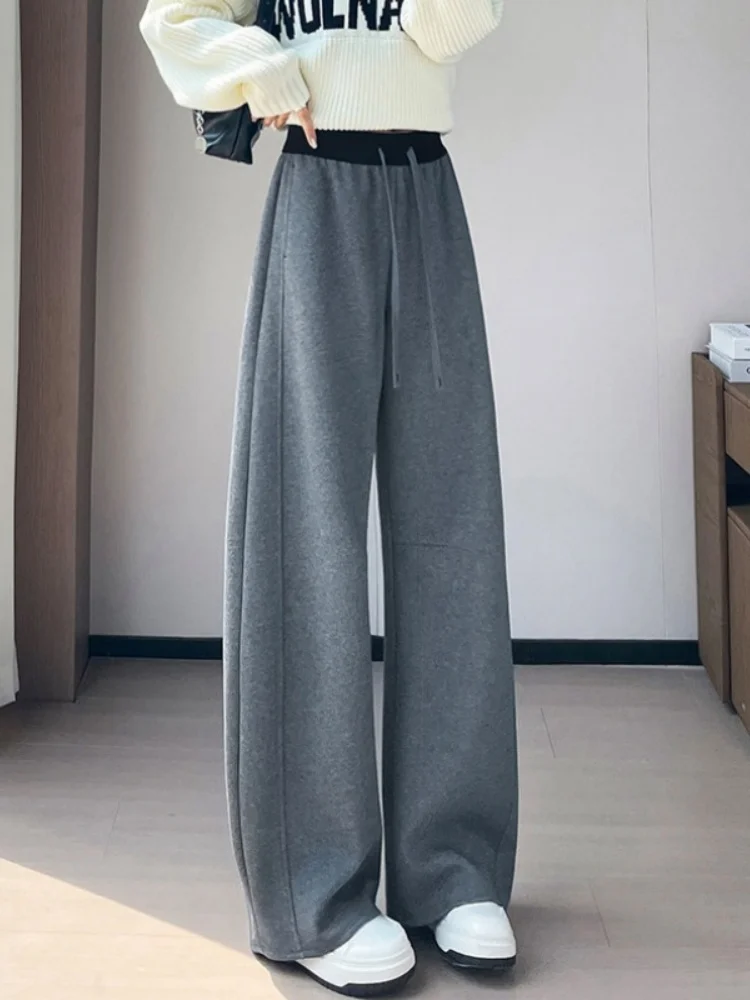 Gray Fleece-Lined Wide Leg Pants Women's Thickened Autumn Winter Slimming Knife Casual Straight Cut High Waist Trousers