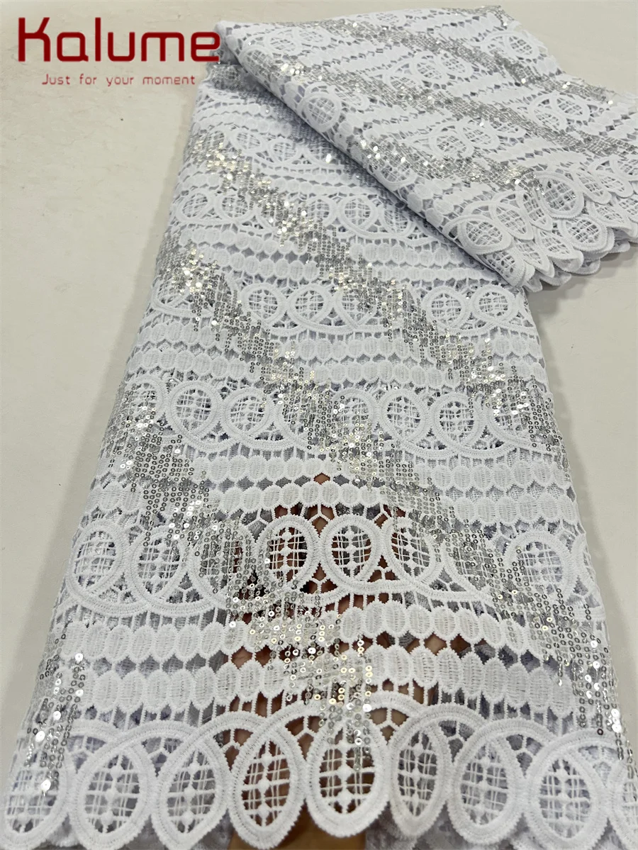 

White African Guipure Cord Lace Fabric With Sequins 2025 High Quality Nigerian Water Soluble Lace for Wedding Party Sewing F4070