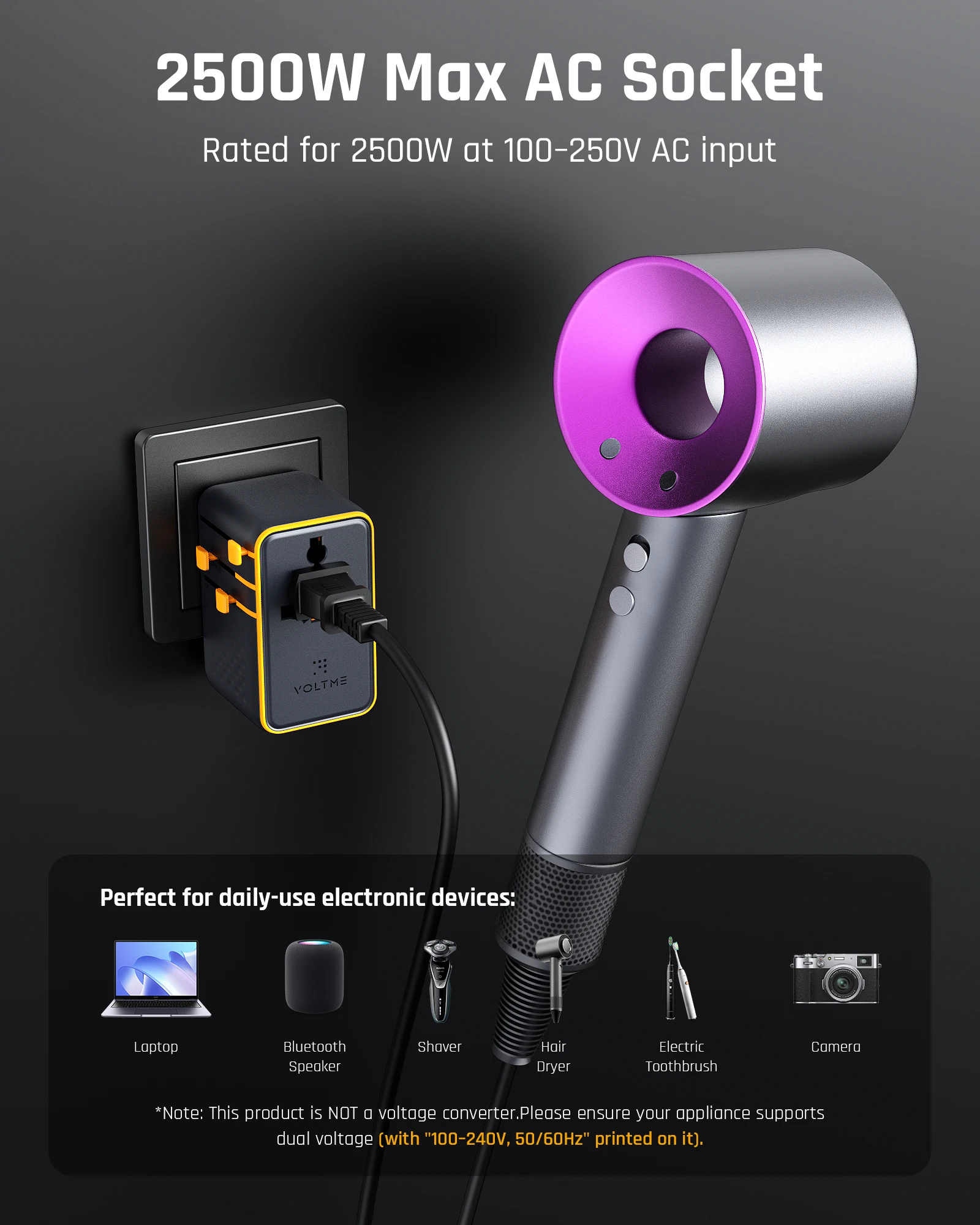 VOLTME PD 100 واط محول السفر العالمي المزدوج USB C + USB-A مع مقبس التيار المتناوب شاحن الهاتف المحمول PD شاحن آيفون 16 15 Xiaomi