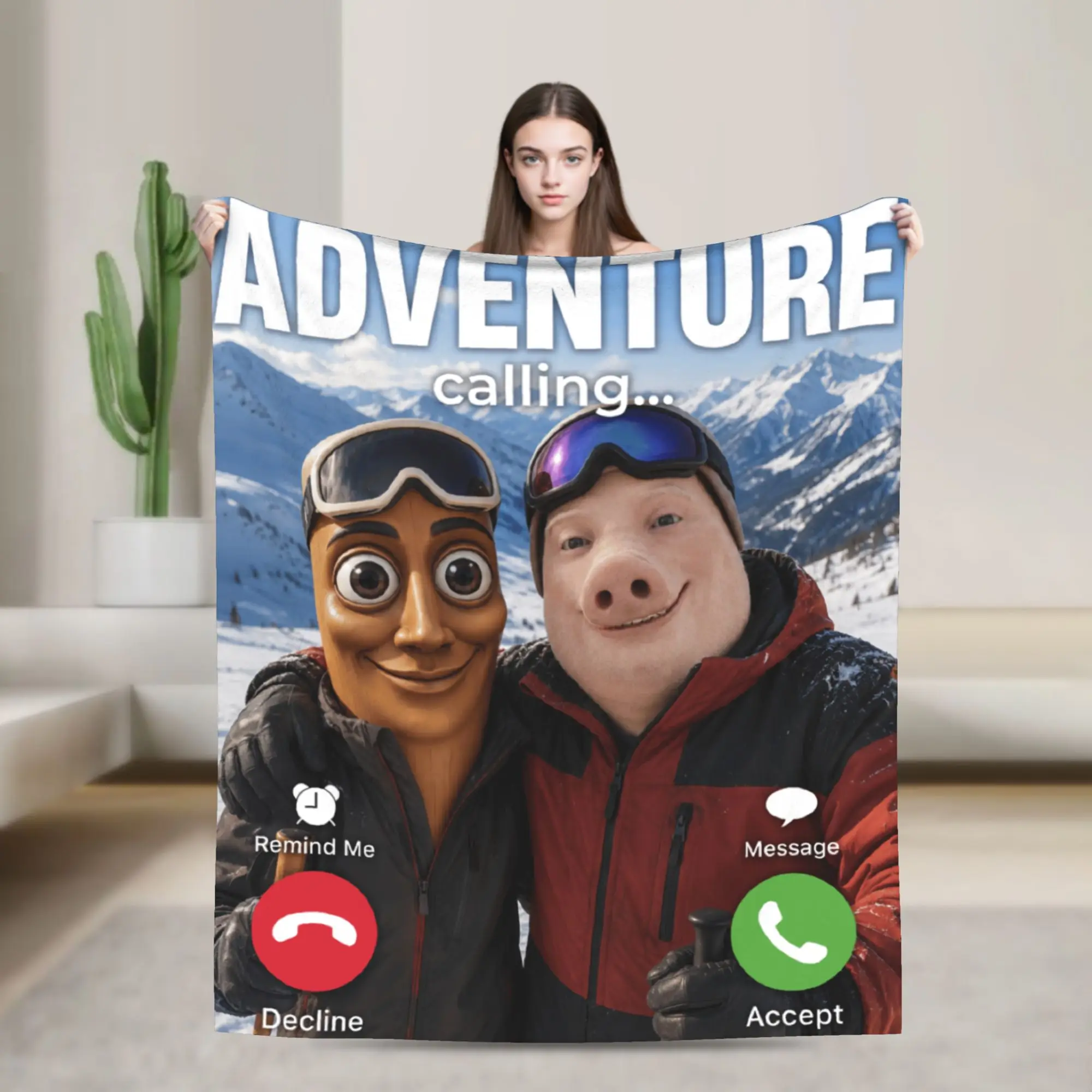 Winter Downhill Ski Trip John Pork Tung Sahur Calling Meme Blanket Winter Soft Throw Blanket For Child Bedroom Flannel Bedspread