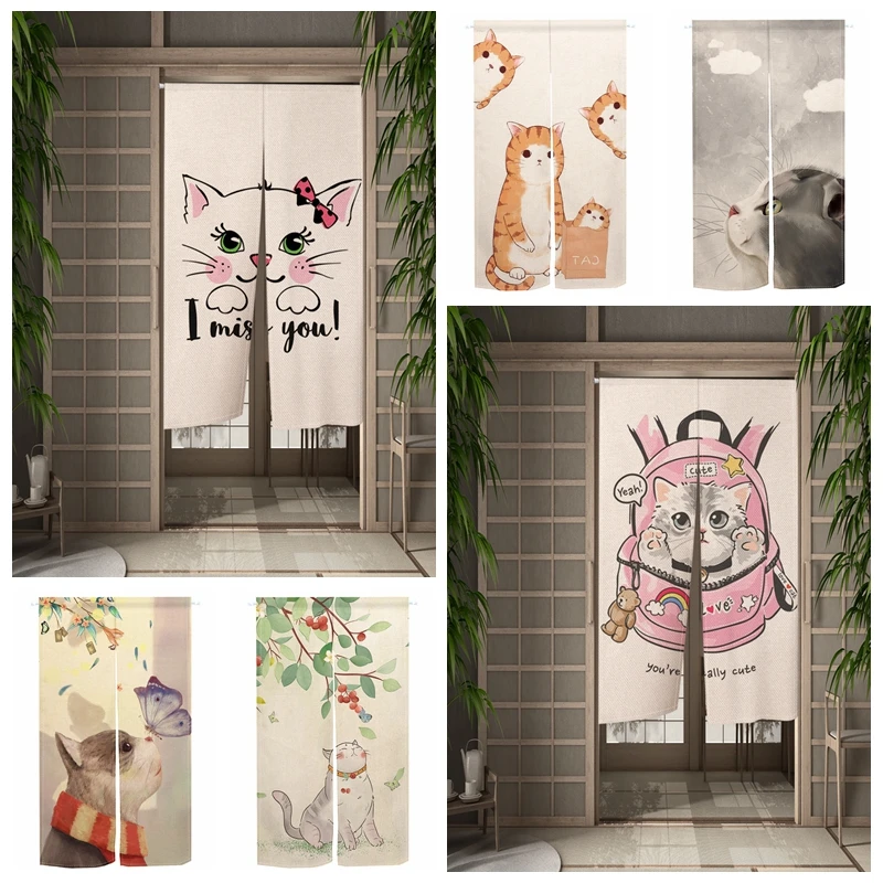 Japanese Cute Cat Door Curtain Izakaya Kitchen Entrance Partition Linen Velcro Doorway Curtains Dining Room Hanging Half Curtain