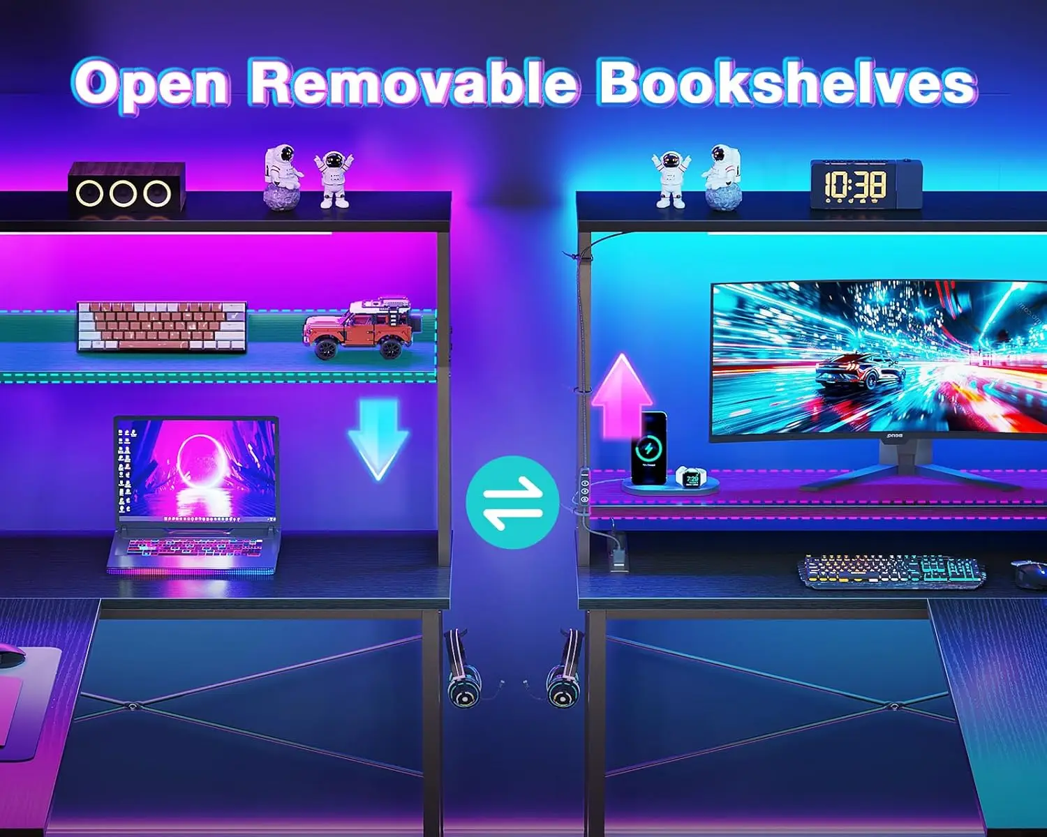 Mesa de jogos em forma de L com luz LED e tomada de energia, mesa de computador reversível em forma de L de 53 polegadas com prateleira