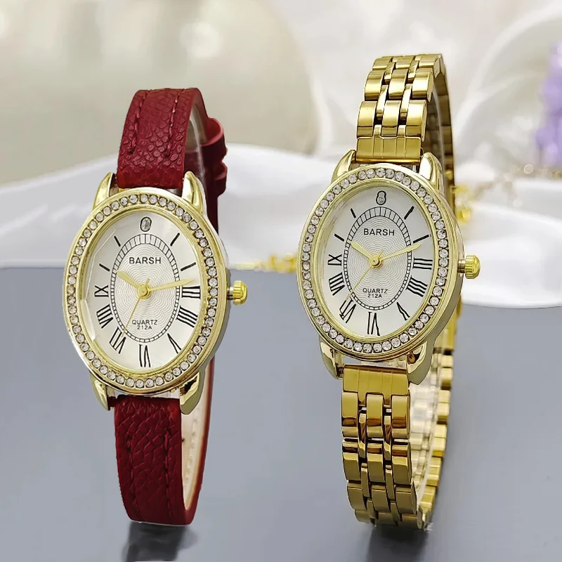 Brand Quartz Watch Fashion Diamond Encrusted Oval Dial Watches for Women Stainless Steel Leather Strap Ladies Wristwatches Gift