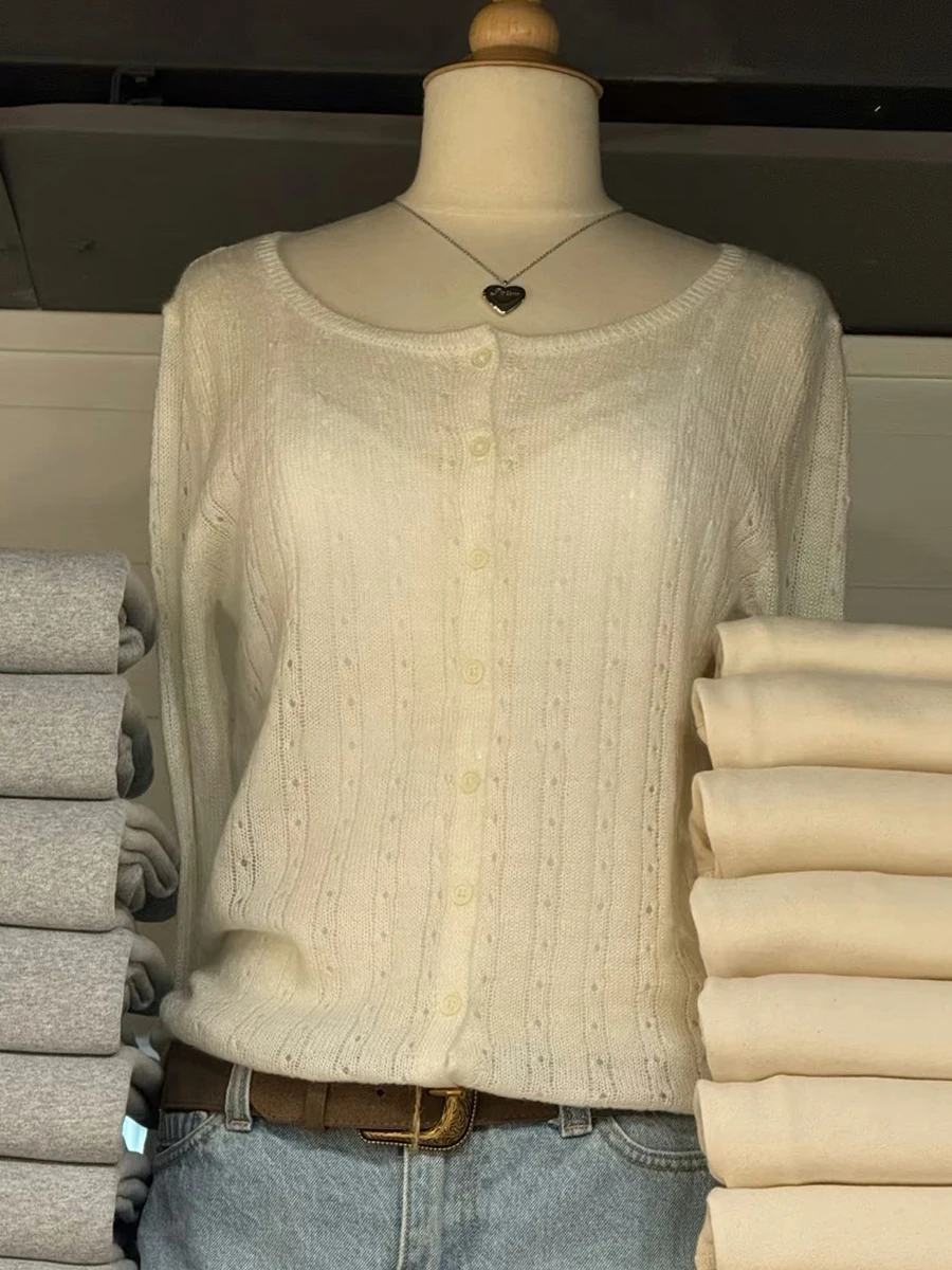 Light Blue Eyelet Thin Cardigan T-shirt Women Autumn New Scoop Neck Single Breasted Tees Sweet Casual Knitted Long Sleeve Tops view 5