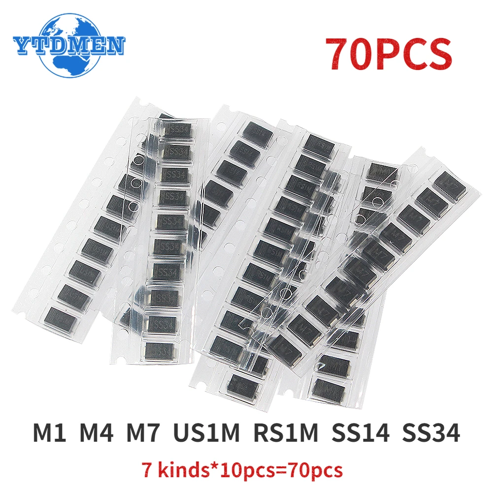 70/100PCS SMD Diodes 1N4007 M7 1N4001 M1 1N4004 M4 SS14 US1M RS1M SS34 Schottky Diode Rectifier Diodes Set 1N4148 1N5399 1N5408