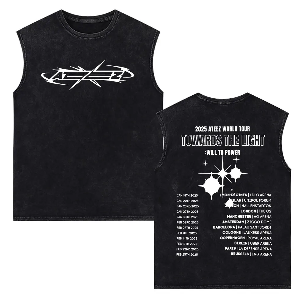 Ateez 2025 World Tour Towards The Light: Will To Power Vintage Washed Vest T Shirt Men Women Korean Kpop Fashion Tank Tops Tees