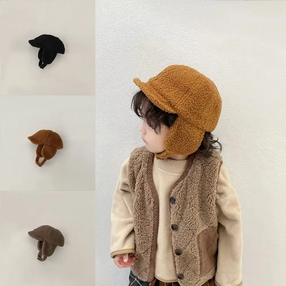 

Fashion Korean Style Children's Baseball Hat Ear Protection Solid Color Duck Tongue Hat Windproof Lambswool Hat 1-4 Years Old