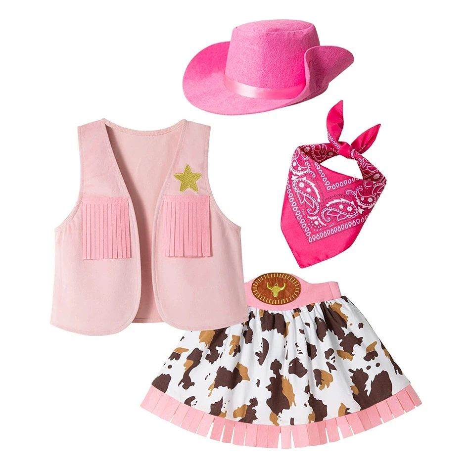 

Baby Girls Cowboy Cosplay Performance Set Kids Pink Vest Skirt Scarf Foldable Hat Outfit Toddler 4Pcs Halloween Carnival Clothes