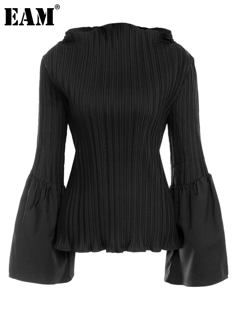 [EAM] Women Black Pleated Stitch Big Size T-shirt New Round Neck Long Flare Sleeve  Fashion Tide  Spring Autumn 2024 1DD0022