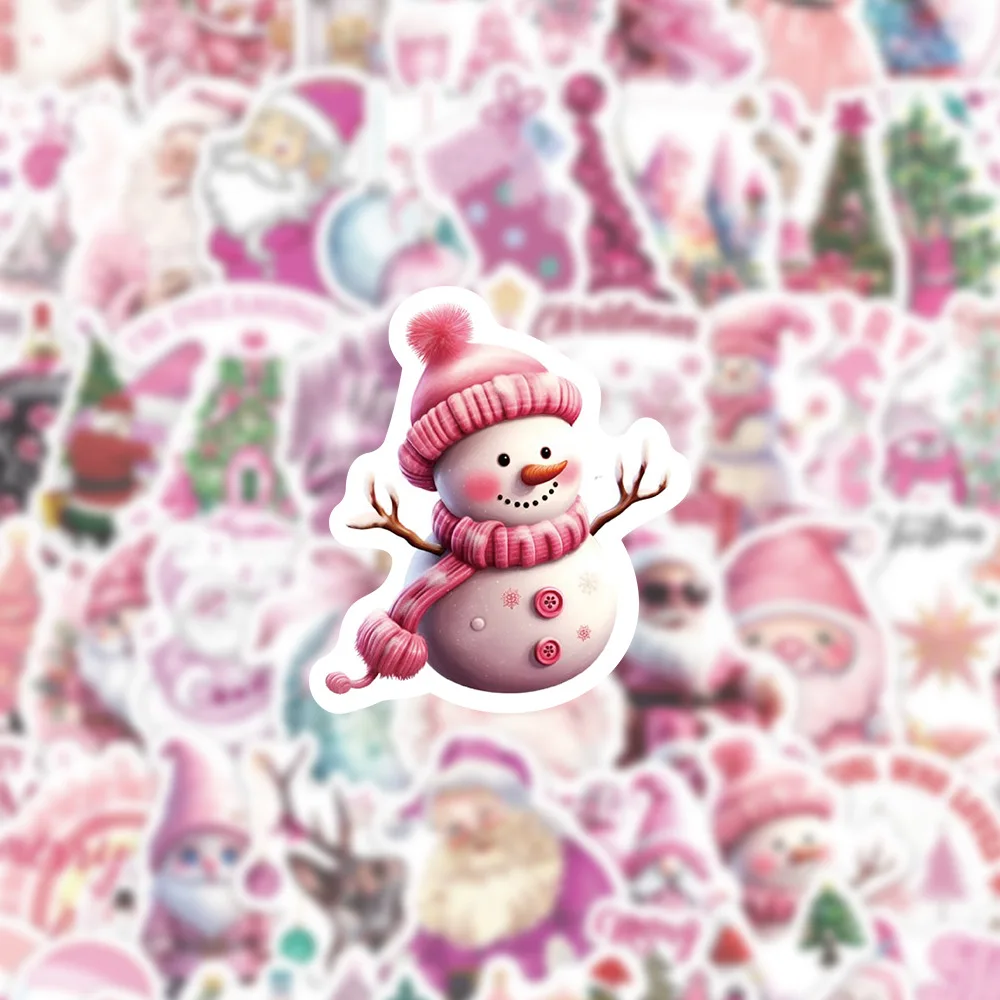 10/60PCS Pink Christmas Stickers Cute Cartoon Children Stickers Scrapbooking Gifts Decoration Decals PVC Waterproof Funny Toys