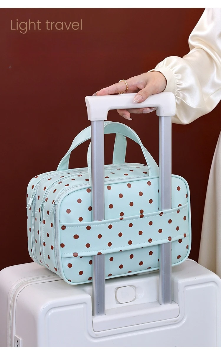 Polka Dot Make-up-Tasche mit großem Fassungsvermögen, tragbarer Reise-Kosmetik-Organizer, wasserdichte Hand-Kulturtasche für Damen – Detail 7