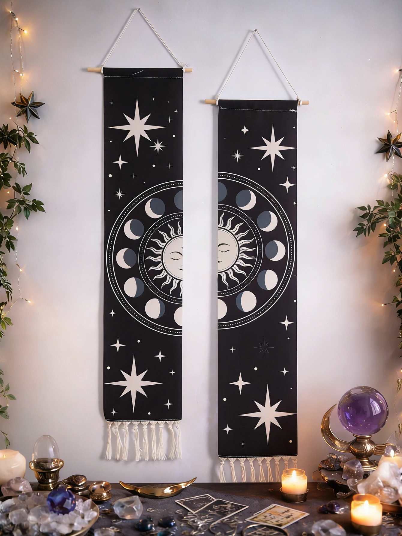 Boho Sun Moon Phase Tapestry - Celestial Star Tassel Wall Hanging, Black and White Witchy Wall Art for Bedroom, Living Room Gift