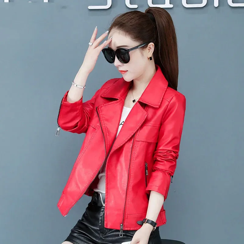 Spring Autumn Leather Jacket Women Long Sleeve Slim Fit Zipper Basic Coat Turn-Down Collar Motor Biker Short Outcoat Female