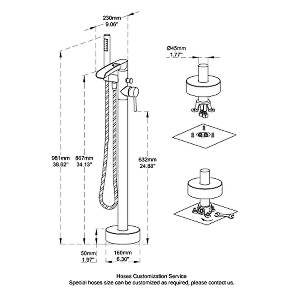 Freestanding Brushed Nickel Tub Filler Faucet with Hand Shower Floor Mount Brass Single Handle