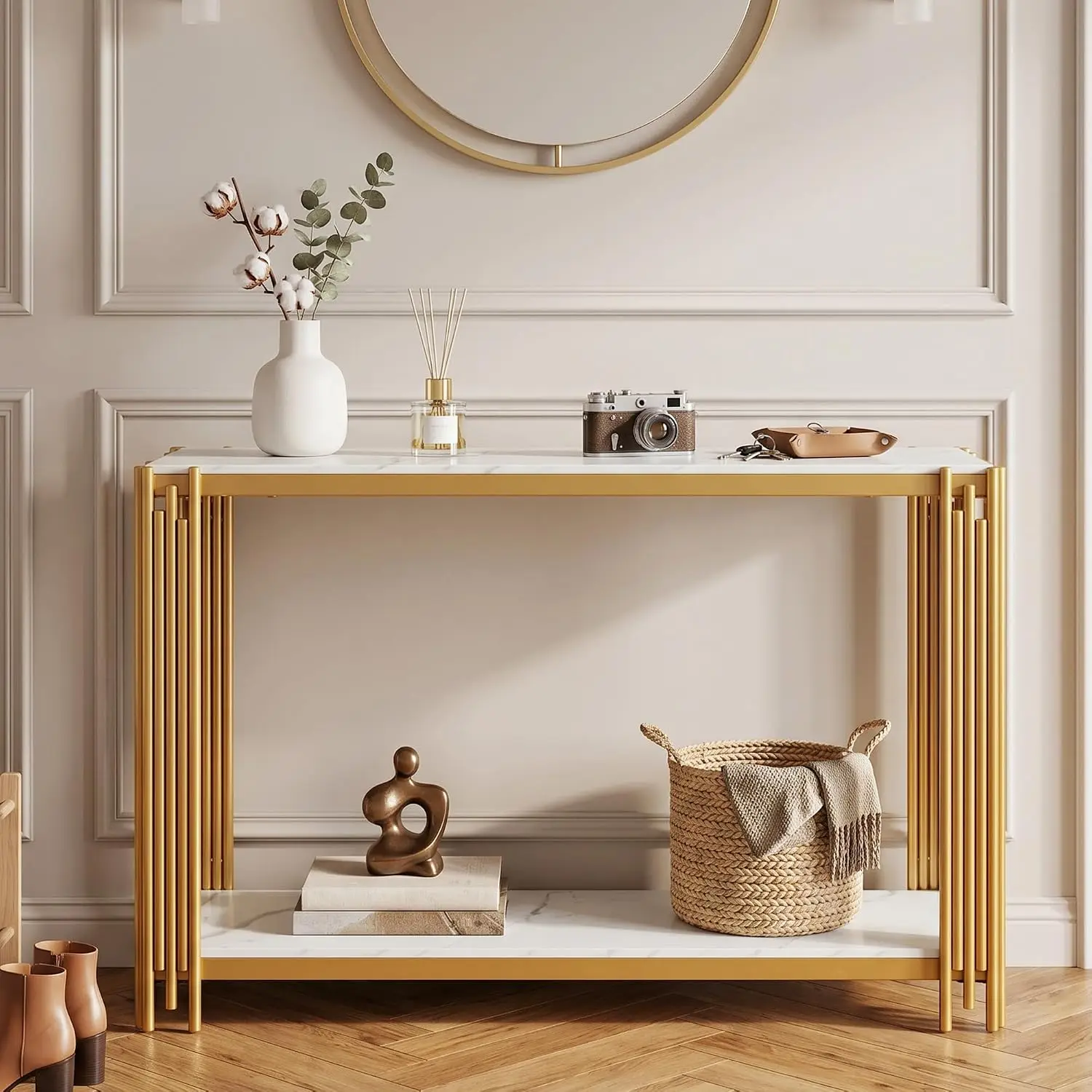Marble Console Table Gold Metal Legs Rectangular Faux Entryway Modern Luxury Wood Sofa Table Living Room Small Space, Customized view 3