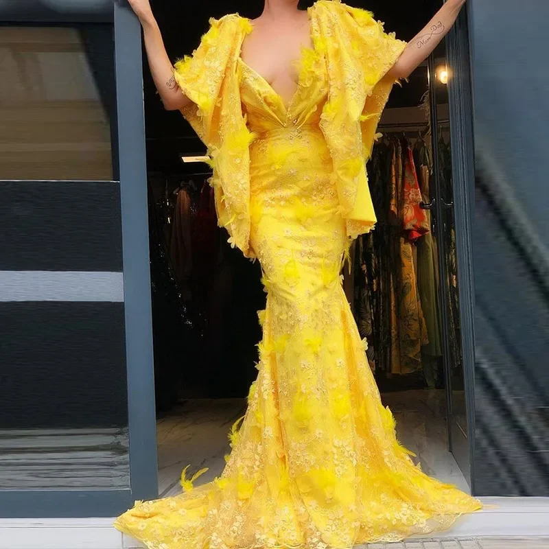 

Саудовская Аравия Женское вечернее платье для торжественных случаев с скользящим шлейфом Robe De Глубокий V-образный вырез Вечерние платья Желтые кружевные платья русалки для выпускного вечера
