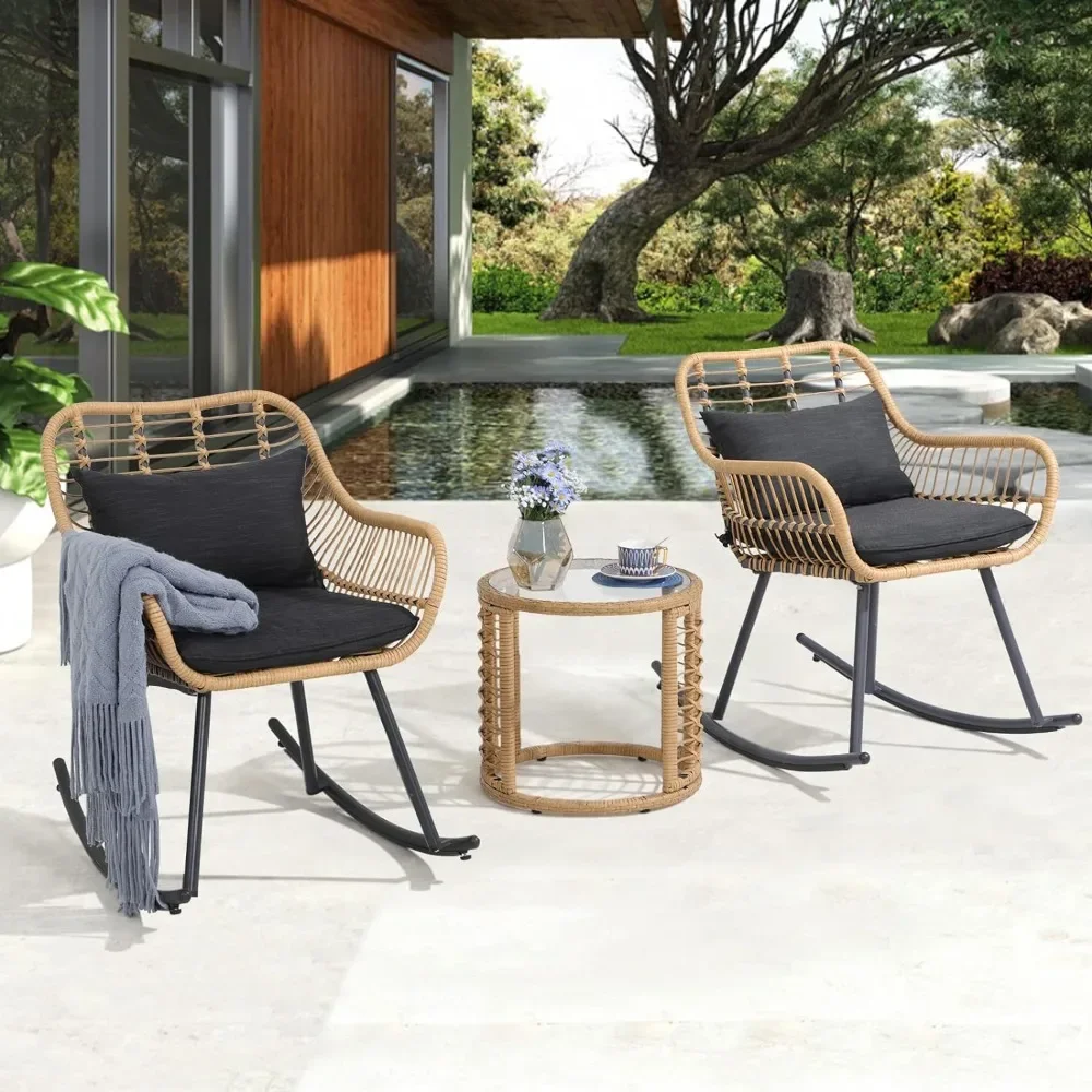 3 Piece Outdoor Rocking Chair Set PE Wicker Patio Porch Furniture Set Rocking Bistro Conversation Set with Glass Coffee Table